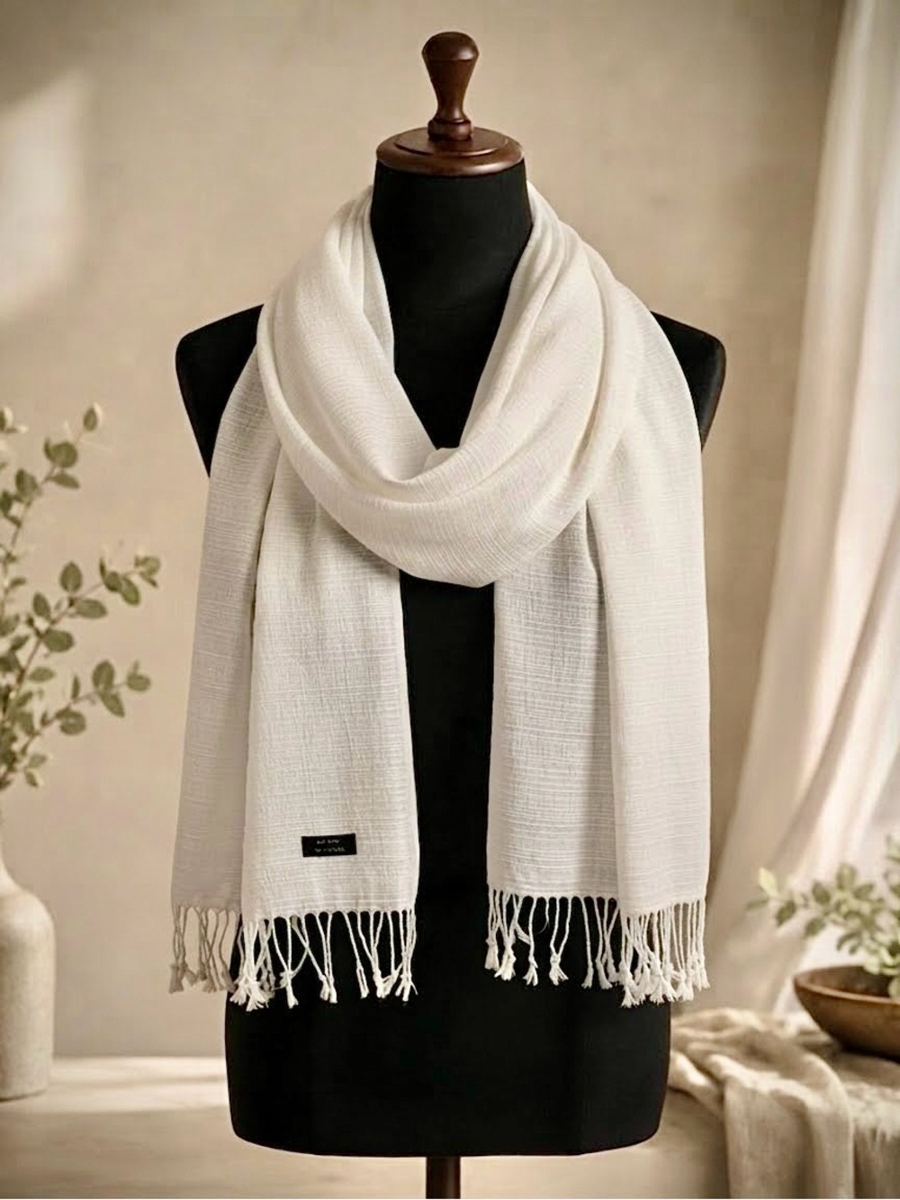 100% Silk Off-White Ivory Woven Textured Fringe Scarf Wrap Lightweight